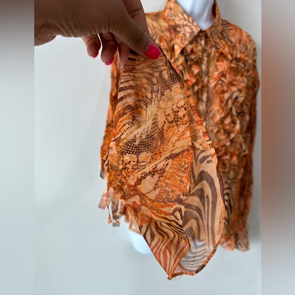 Y2K Sheer Fringe Mix Animal Print Button Down Top With Flare Sleeve Detail Sz L - Picture 6 of 9